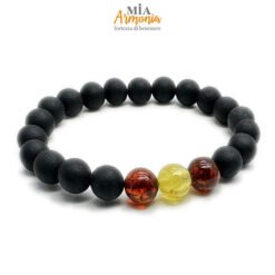 Bracciale elastico ambra nera unisex con tre inserti ambra lucida