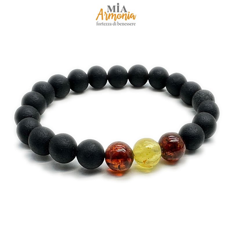 21466 Bracciale elastico ambra nera unisex con tre inserti ambra lucida