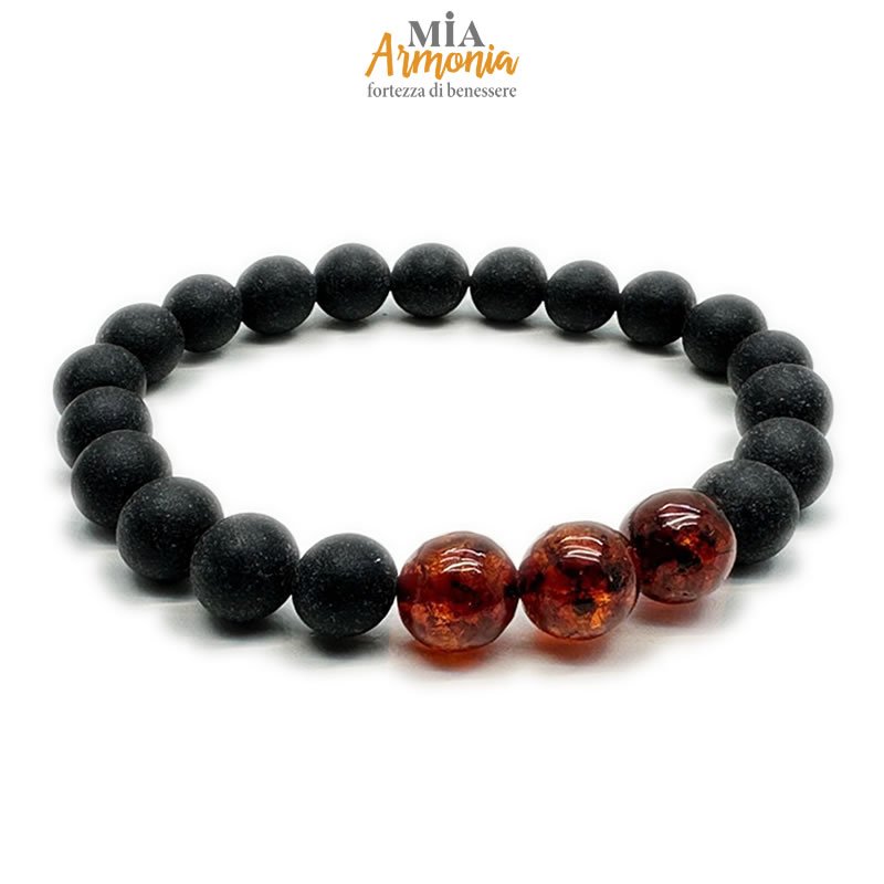 21465 Bracciale elastico ambra nera unisex con tre inserti ambra lucida