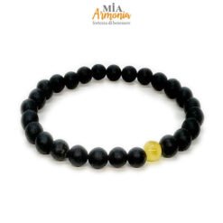 Bracciale elastico ambra nera unisex con un inserto ambra lucida Bianca