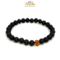 Bracciale elastico ambra nera unisex con un inserto ambra lucida Cognac