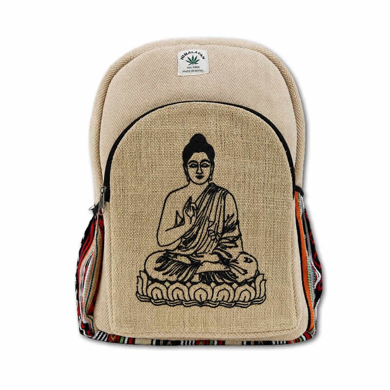 21908 Zaino in canapa e cotone a righe con stampa Buddha