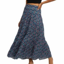 Gonna lunga in cotone leggero indiano. Blu navy fantasia Fiore Ginko. Taglia uni