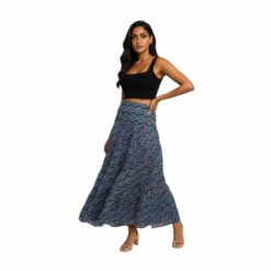 Gonna lunga in cotone leggero indiano. Blu navy fantasia Fiore Ginko. Taglia uni
