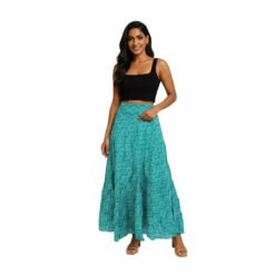Gonna lunga in cotone leggero indiano. Verde petrolio fantasia Fiore Ginko. Tagl