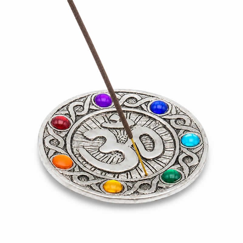 22085 Porta incenso a piattino tondo in metallo 9 cm - 7 CHAKRA e OM