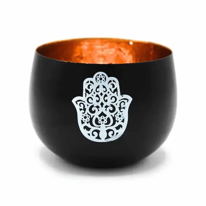 22109 Porta condela Tealight in metallo nero e rame da 9 cm - MANO DI FATIMA