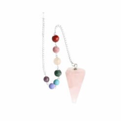 Pendolo sfaccettato di quarzo rosa con chakra in bagno d'argento