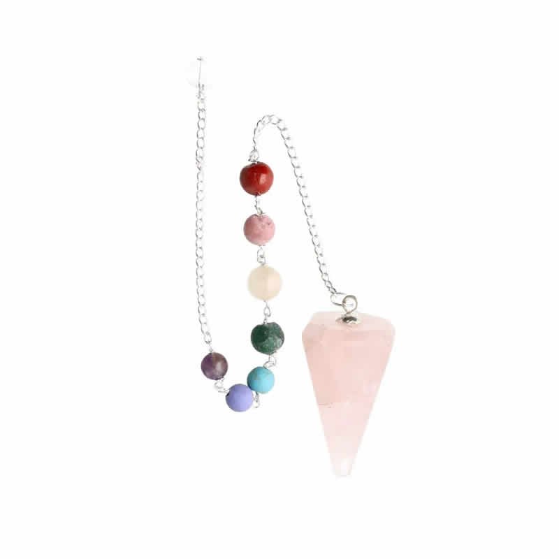 22176 Pendolo sfaccettato di quarzo rosa con chakra in bagno d'argento